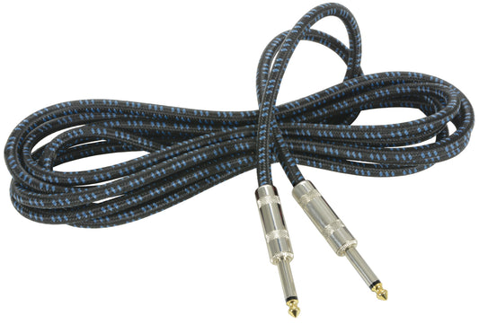 Chord Classic Retro Braided Guitar Leads 6.3mm Mono Jack Plug - 6.3mm Mono Jack Plug: Black/Blue (3.0m)